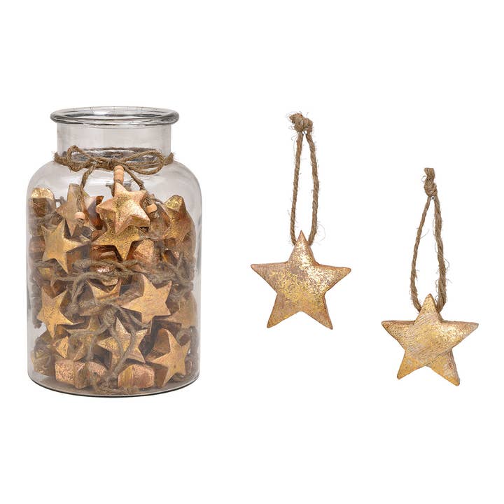 Hanging star made of mango wood gold (W/H/D) 5x5x3cm, 60 pcs. in glass 16x26x16cm for wholesale by Wurm