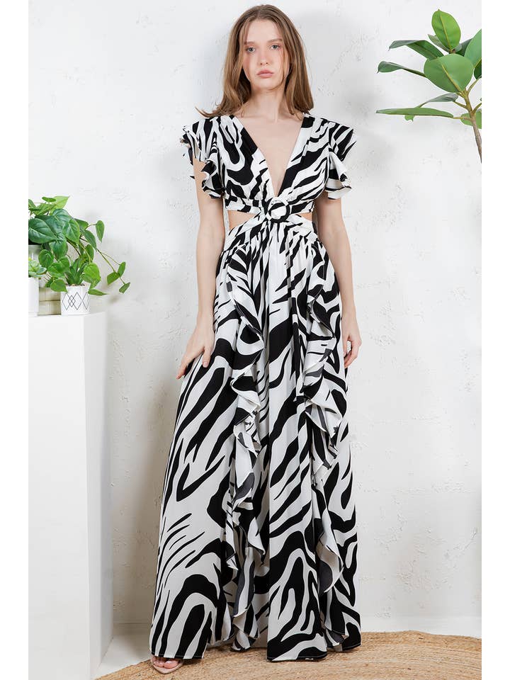 Preto Vestido comprido com decote em V profundo, mangas com folhos e recortes DM3620 para venda a revendedores na Faire2