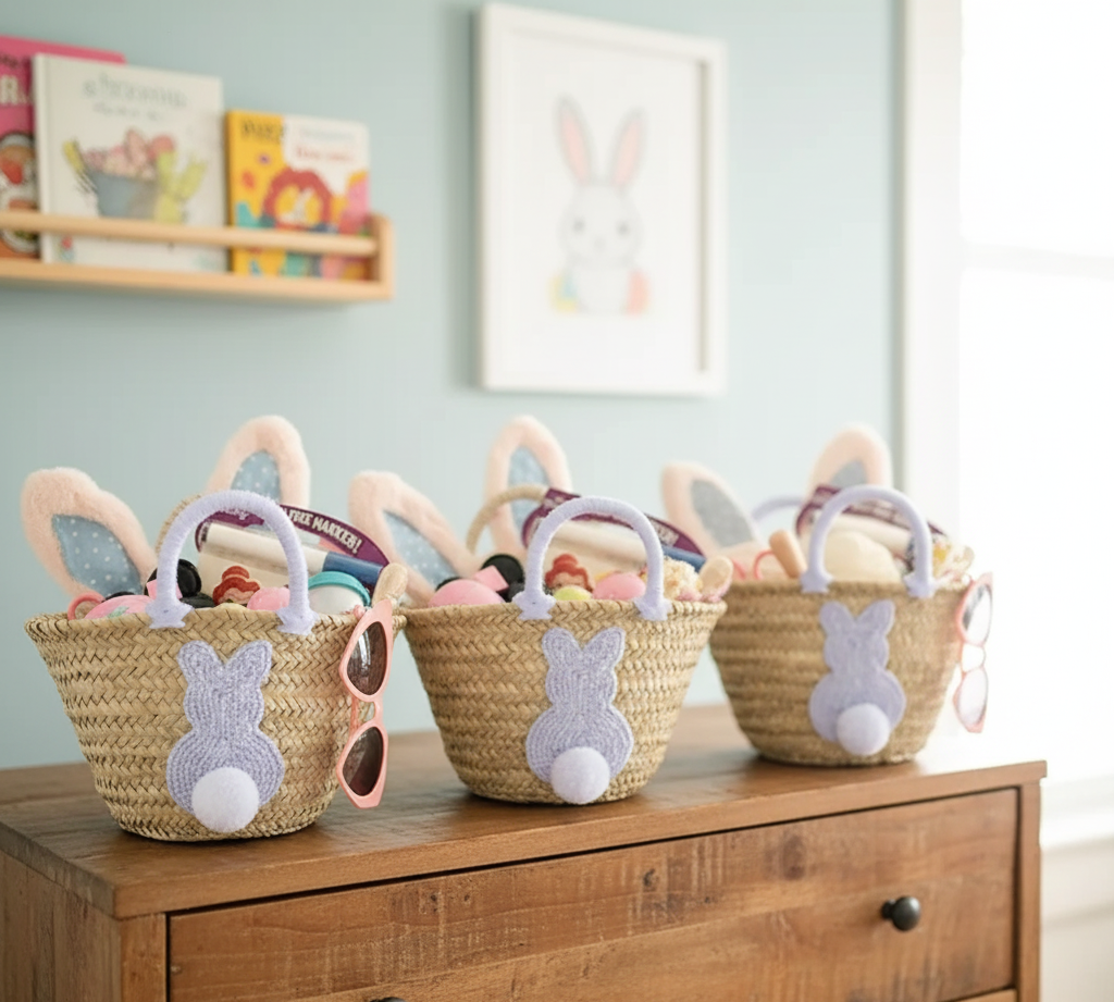 High crafty – wholesale Basket – Kids & baby – Easter Bunny Tail Straw Basket – Handmade Natural Palm Leaf 2