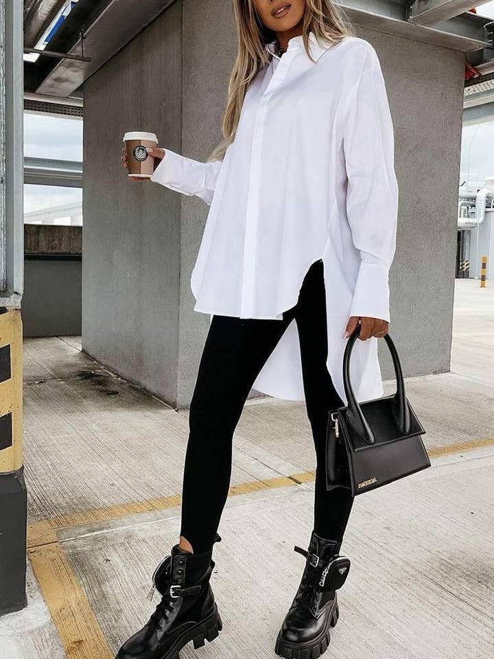 WHITE high low split hem lantern sleeve top for wholesale on Faire