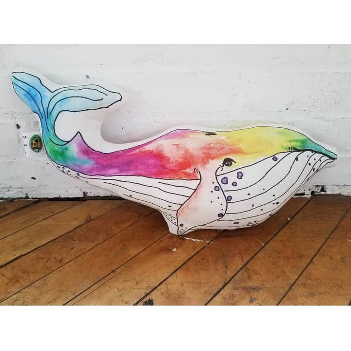 Rainbow Whale Throw Pillow for wholesale by Drumming Beetle