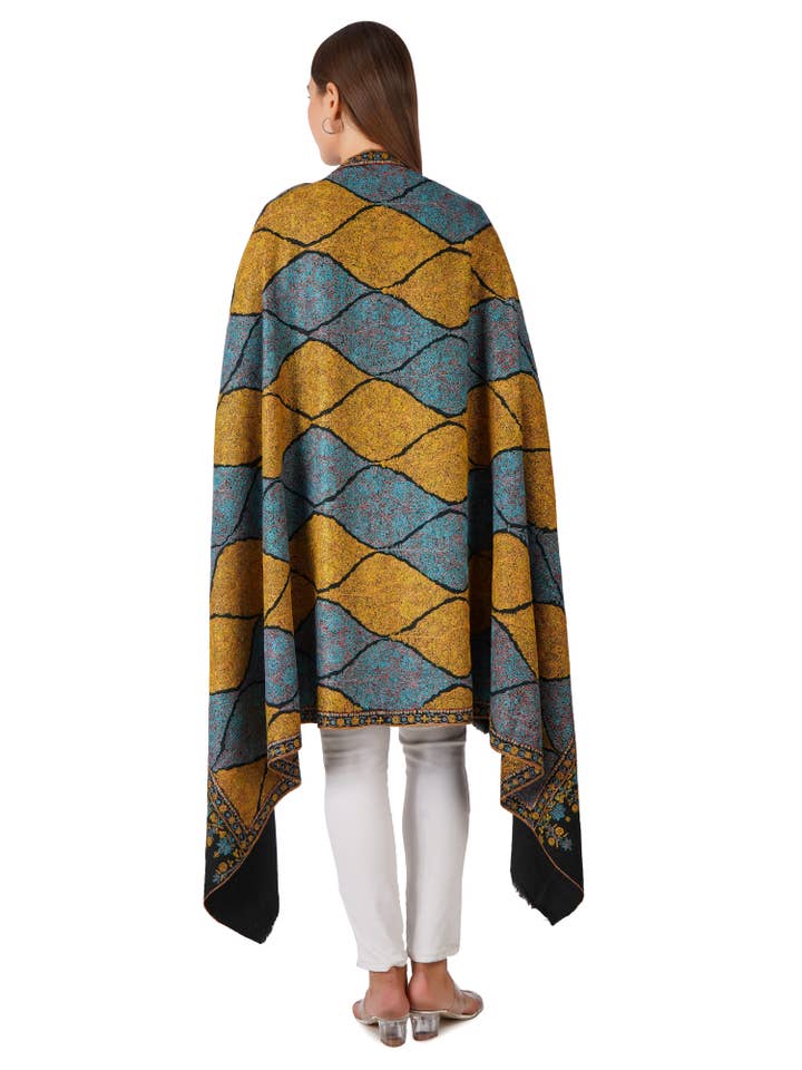 Classic Pashmina Shawl with Golden and Blue Embroidery Hues - Black for wholesale by PASHWRAP