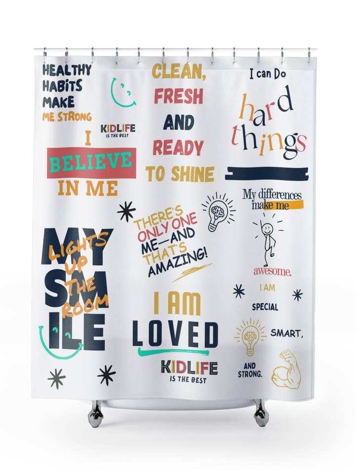 Rideau de douche d'affirmation Kidlife – Décor lumineux, inspirant et stimulant la confiance pour enfants pour la vente par KIDLIFE by KJ3 Essentials