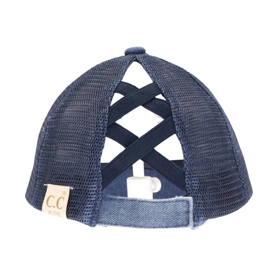 C.C Beanie - Vente Casquette de baseball – enfant - Casquette à visière CC pour enfants avec queue de cheval haute croisée et effet vieilli KIDSBT7802