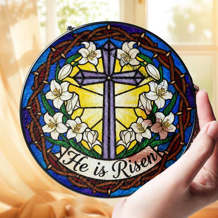 He Is Risen Glass Stained Glass Suncatcher, Easter Cross for wholesale by Glaizyo