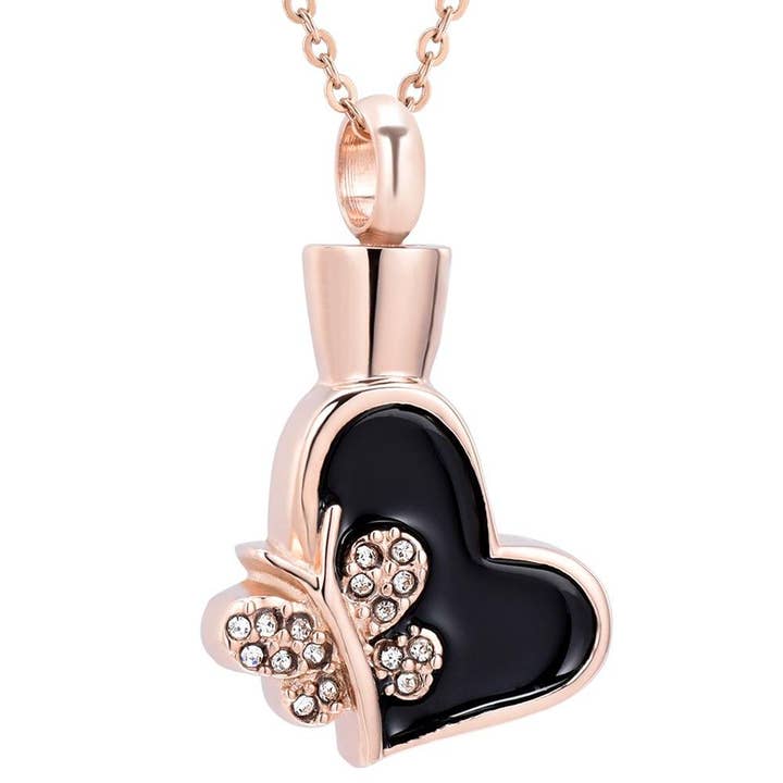 Butterfly & Heart Cremation Urn Necklace With Rhinestones for wholesale by Cherished Emblems
