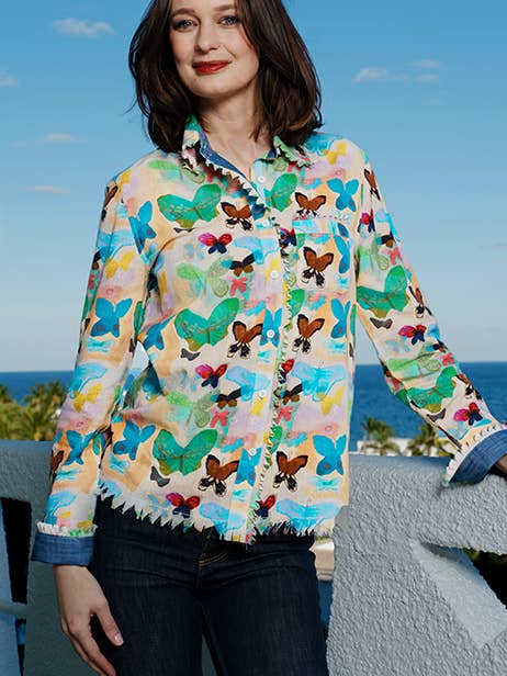 Top Cape Cod en coton-lin naturel avec papillons pour la vente par Dizzy-Lizzie