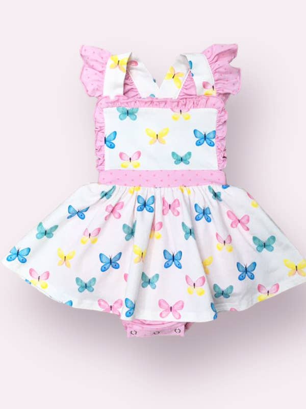 2312 VESTIDO TIPO PINAFORE PARA NIÑAS CON DISEÑO DE MARIPOSAS Y para venta al por mayor de Serendipity Clothing Co
