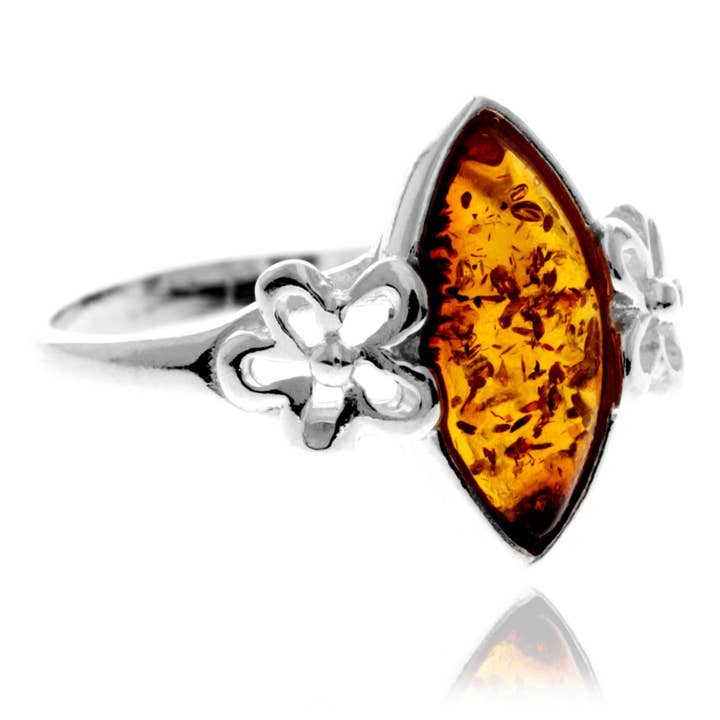SilverAmber Jewellery - Wholesale Cocktail/Statement Ring - 925 Sterling Silver & Genuine Baltic Amber Flower Ring - GL409