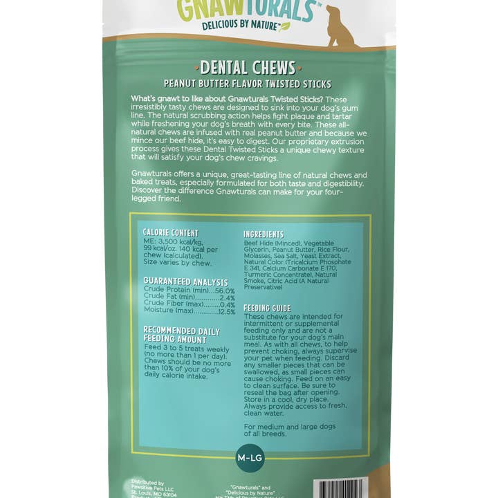 Gnawturals - Wholesale Pet Treats - Dog - Dental Chews Twisted Stick Large - Peanut Butter (4ct)
