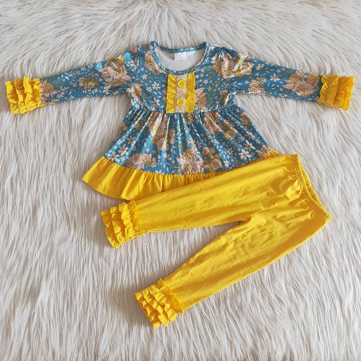 Aier Wholesale - Wholesale Top & Leggings Set - Kids - Blue floral mustard legging girls boutique outfits sets