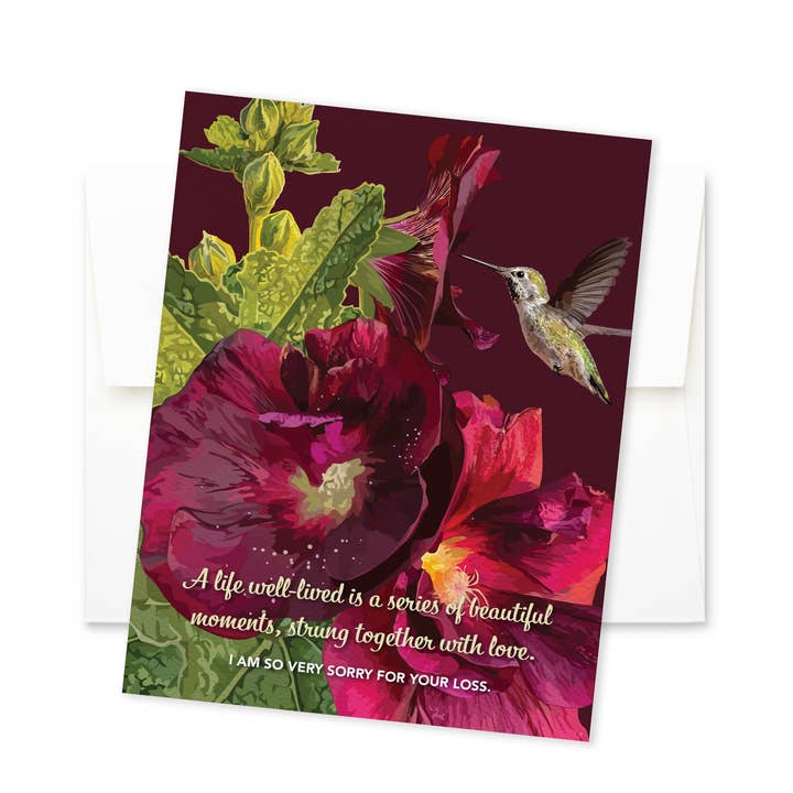 The Red Barn Press - Wholesale Sympathy Card - Sympathy Card Floral | Hollyhocks and Hummingbird