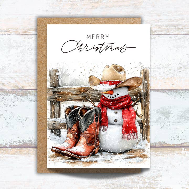 Merry Christmas Cowboy Boots and Snowman Western Card for wholesale by Designs by Michaela