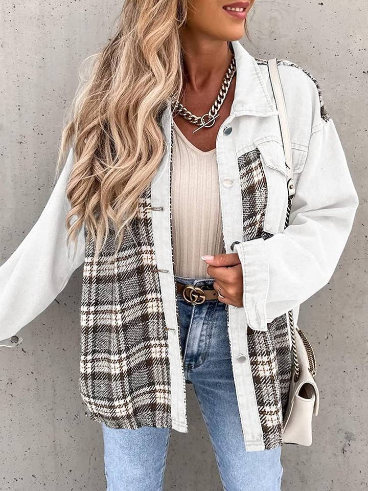 HIDDENBRAND - Wholesale Shirt Jacket/Shacket - Women's - Denim Plaid Buttoned Shacket
