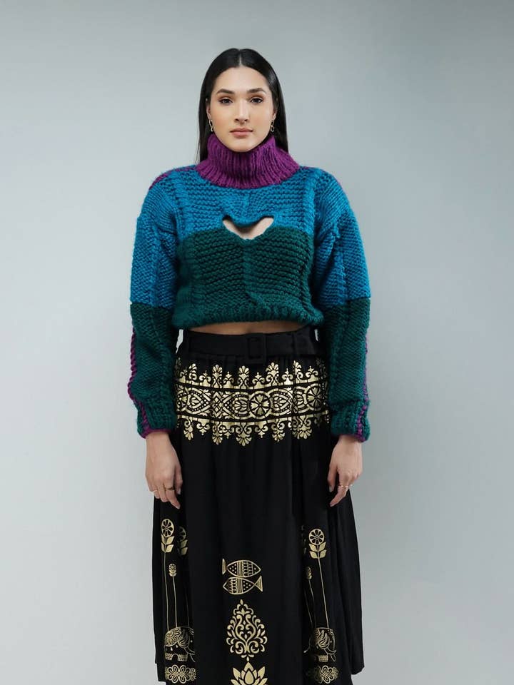 Falda midi con estampado metálico dorado de Nesavaali para venta al por mayor de Nesavaali Ltd