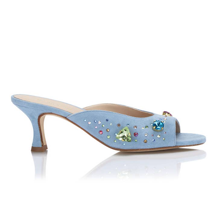 The Moment Peep Toe Kitten Heel - Blue Suede/Multicolour Crystals for wholesale by Nicki Hoyne