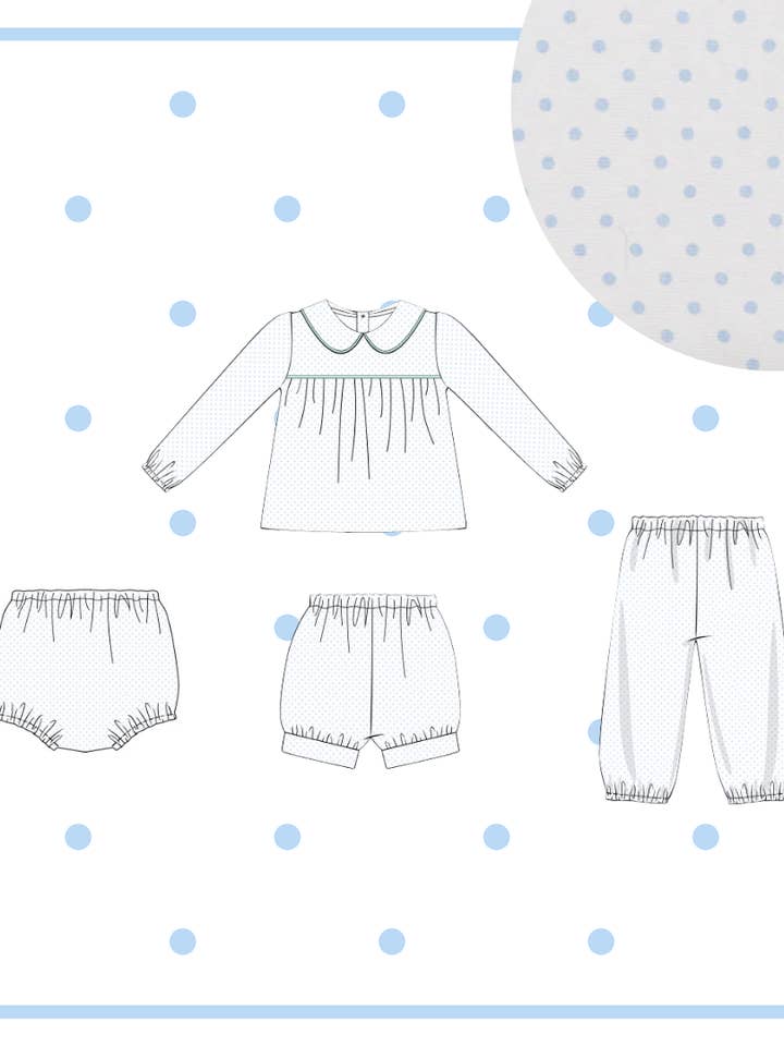 January Arrival Pima Bitty Dot Boys Three Piece Set (Top & Pants with Bubble Shorties OR Diaper Cover) for wholesale by The Seaside Proper Children’s Company