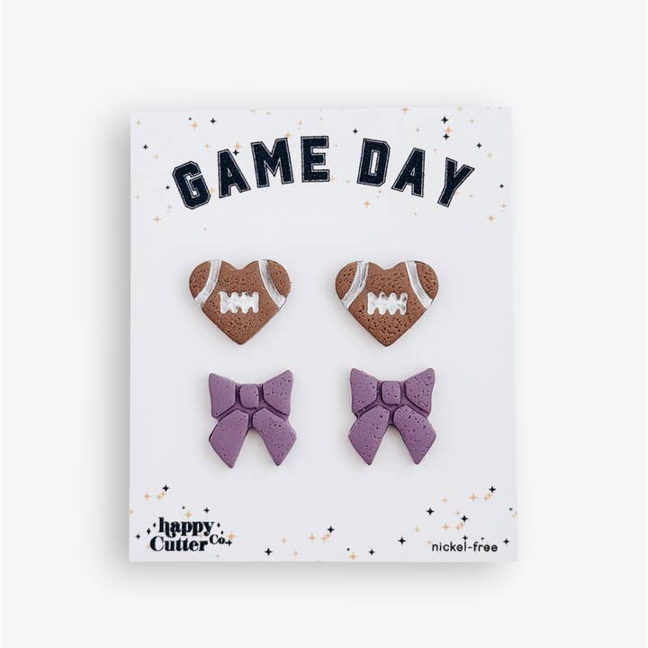 Happy Cutter Co - Wholesale Stud/Post Earrings - Football Heart & Custom Team Bow Earrings | Sport Earrings2