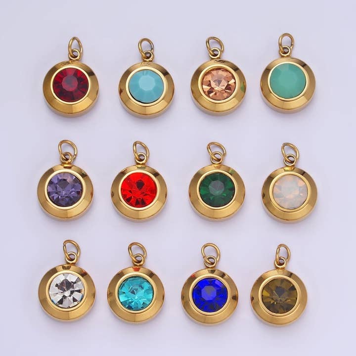 Stainless Steel 15mm Birthstone CZ Round Charm | P987 - P990 for wholesale by Aim Eternal