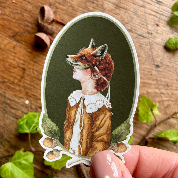 Georgiou Draws - Wholesale Sticker - Girl in Fox Mask Oval Matt Vinyl Sticker | Curious Art