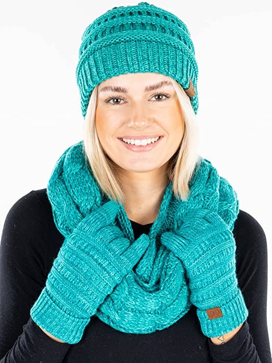 Funky Junque - Wholesale Winter Accessory Set - Women's - C.C Beanie, Glove & Scarf Set - Teal/Mint #150