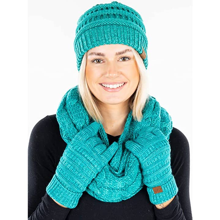 Funky Junque - Wholesale Winter Accessory Set - Women's - C.C Beanie, Glove & Scarf Set - Teal/Mint #15