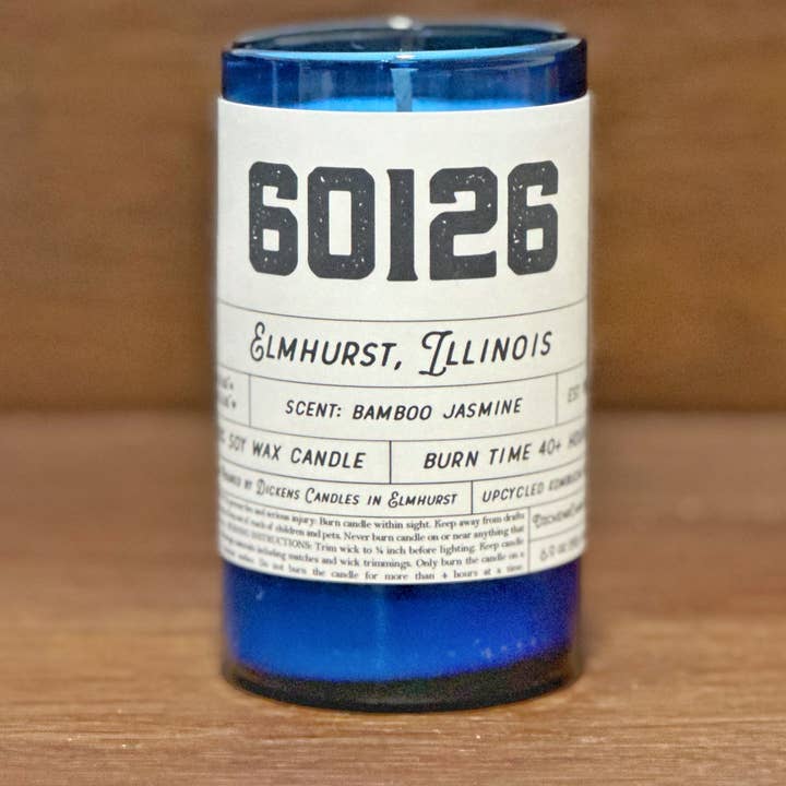 Dickens Candles - Wholesale Jar/filled candle - CUSTOM Zip Code Candle - Upcycled Small Cobalt Blue Bottle1