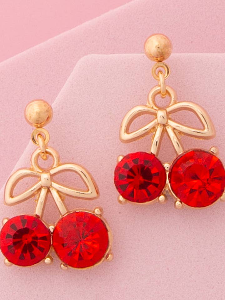 Red Crystal Embellished Cherry Post Dangle Earrings for wholesale by SP Sophia Collection