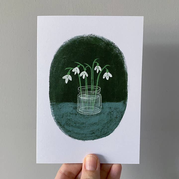 Snowdrops in a jar, A6 greetings card for wholesale by Juliet Thomas Doodles