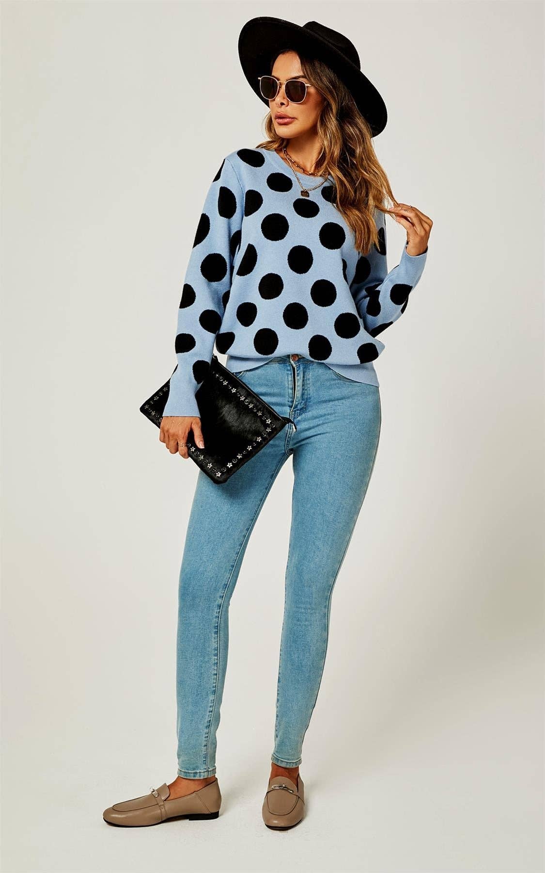 Azul Camisola Comfy Malha Preto Polka Dot Top Em Azul para venda a revendedores na Faire2