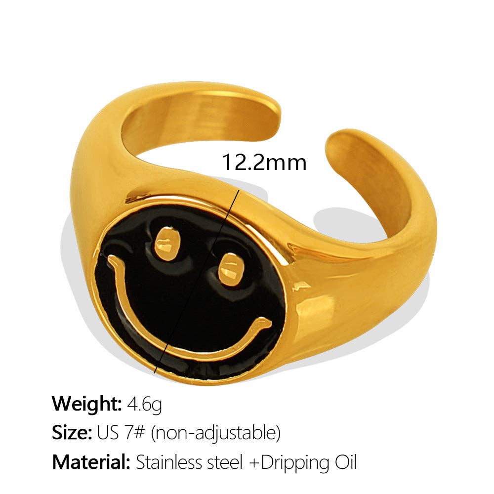 alberalkirk - Vente Bague de cocktail/de cérémonie - Bague Visage Souriant Acier Titane Émail Goutte d'Or 18K S5P0192