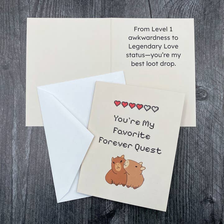 Forever Quest Love Card - Capybara & Pixel Hearts for wholesale by Lootbug Lab