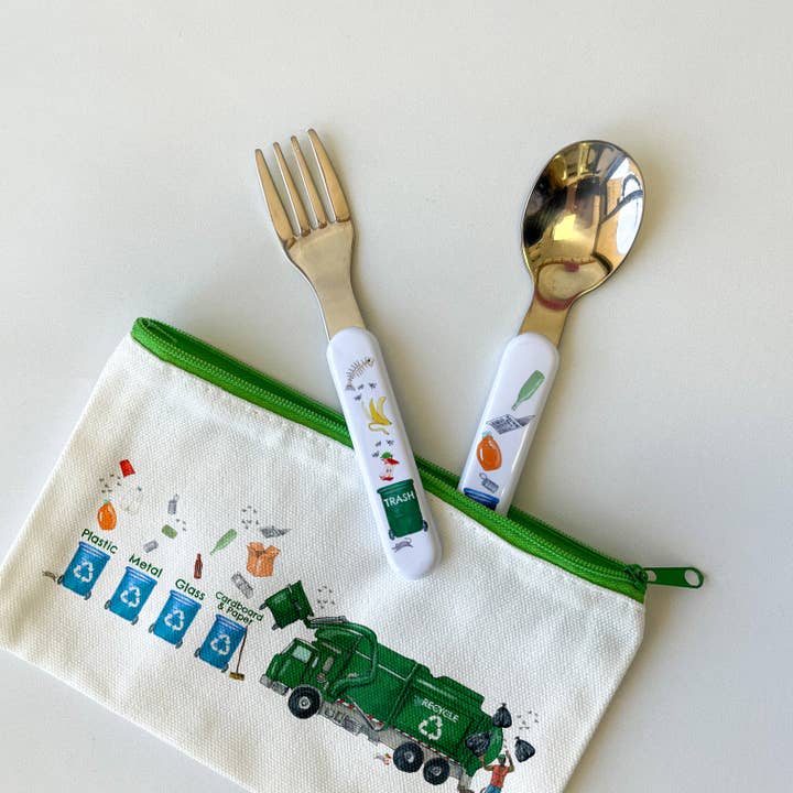 Garbage Truck Themed Kids Fork & Spoon Utensil Set for wholesale by Dishique
