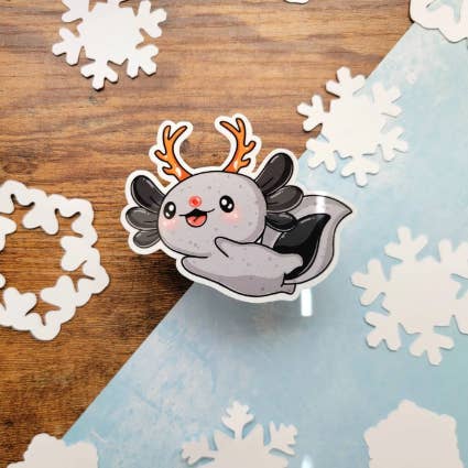 Renne Axolotl Holiday, autocollant Kawaii, idée cadeau unique pour la vente par Cozy Bee Creates