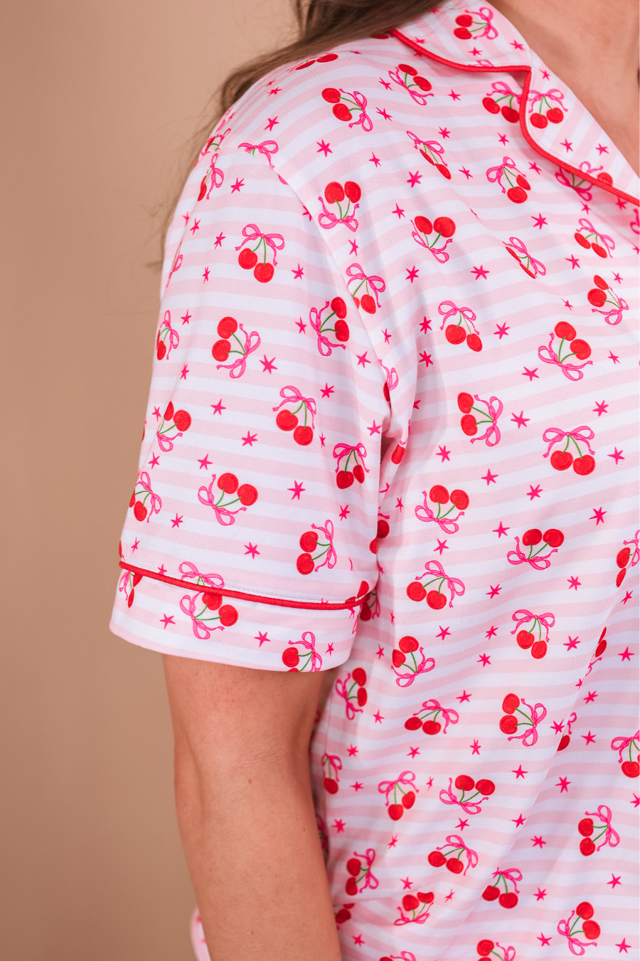 Red Cherry Bomb Ruffle Pajama Set for wholesale on Faire2