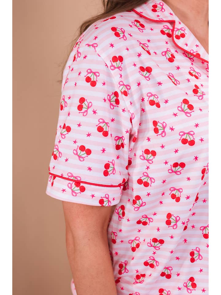 Red Cherry Bomb Ruffle Pajama Set for wholesale on Faire2