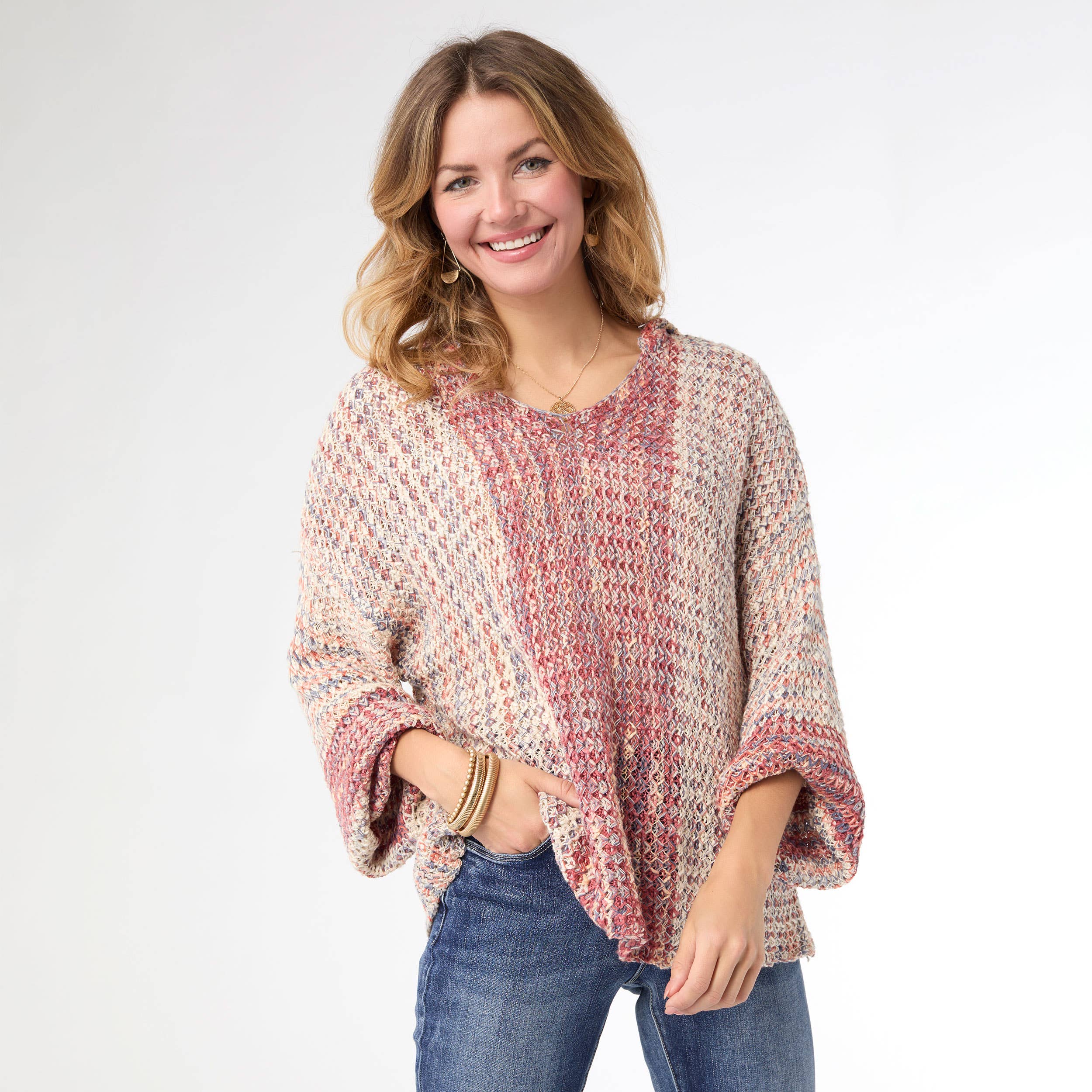 Bourgogne/Naturel Pull à capuche multicolore à col en V Neville en vente sur Faire0