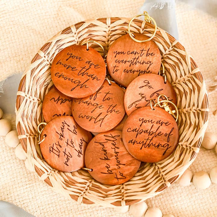 Mix of 20 Inspirational Wooden Engraved Gold Keychain for wholesale by The Joyful Bee Co