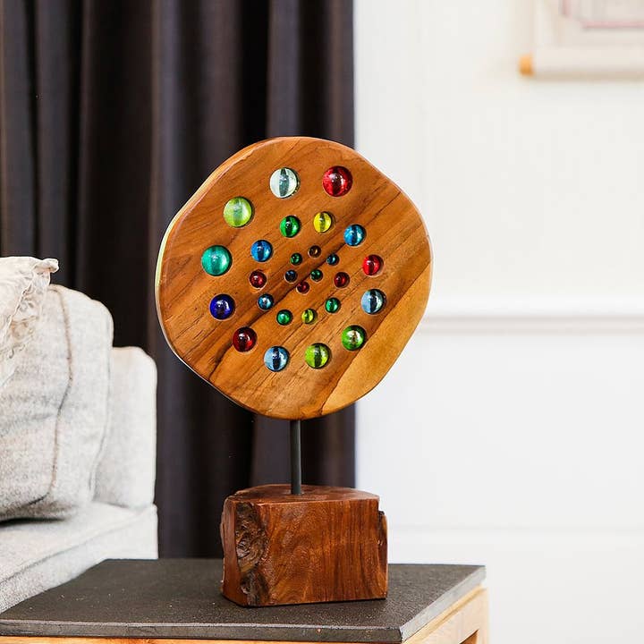 Glass Ball Spiral on Teak Slab - 20"H for wholesale by Garden Age Supply