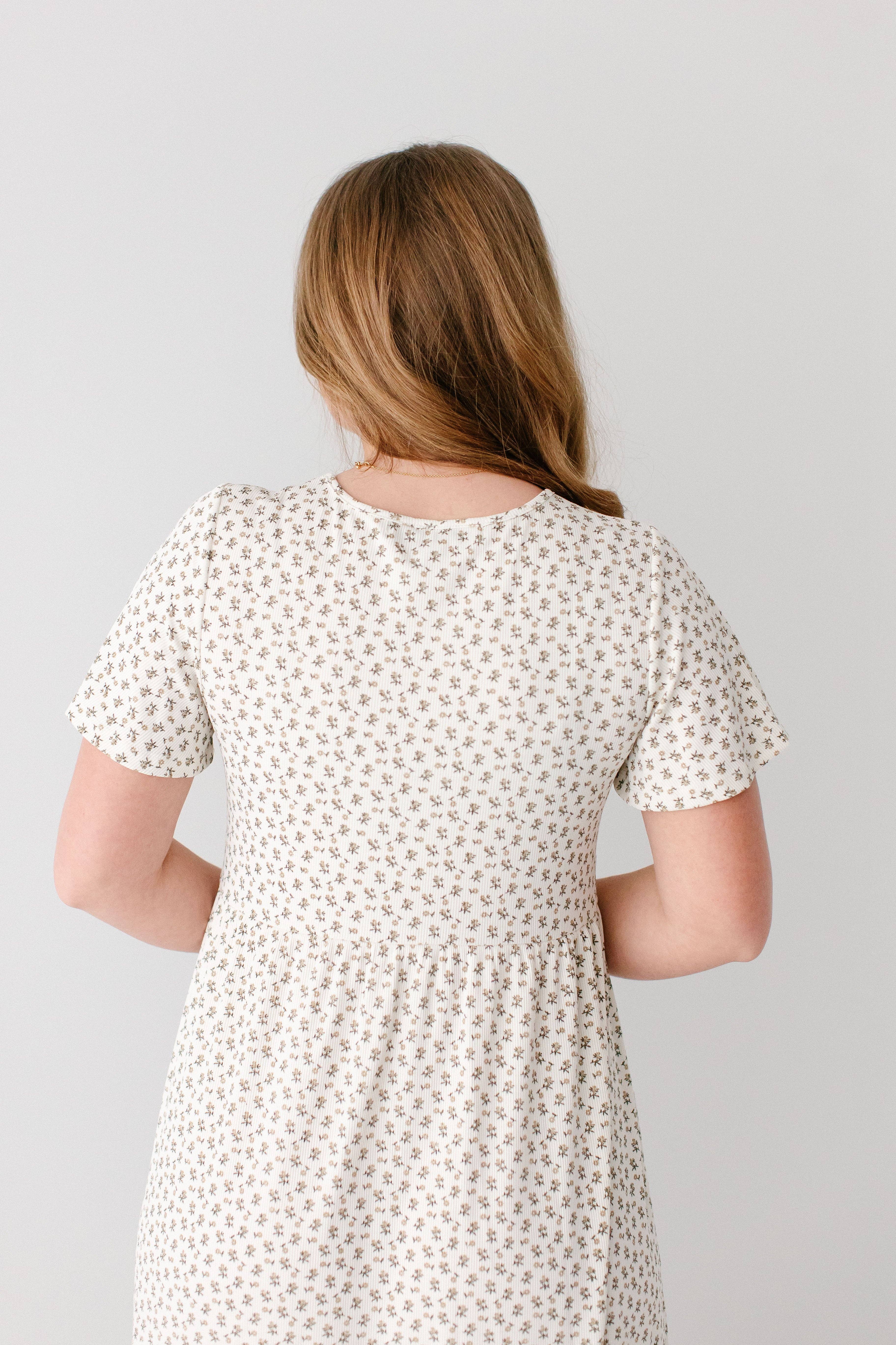 Ivory 'Shiloh' Ditsy Floral Ribbed Midi Dress for wholesale on Faire6