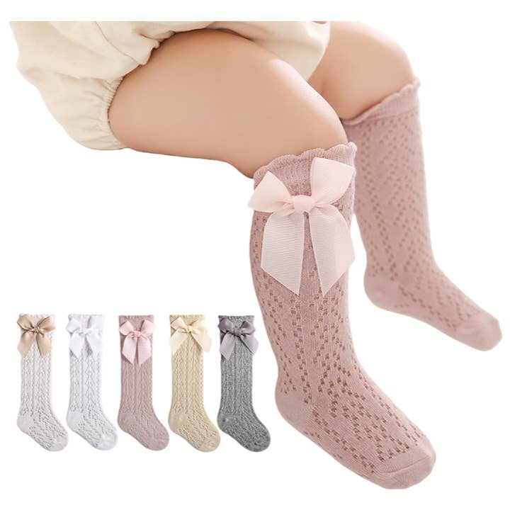 Baby Girls Knee High Mesh Breathable Spring & Summer Princess Socks with Bow for wholesale by Auraquise