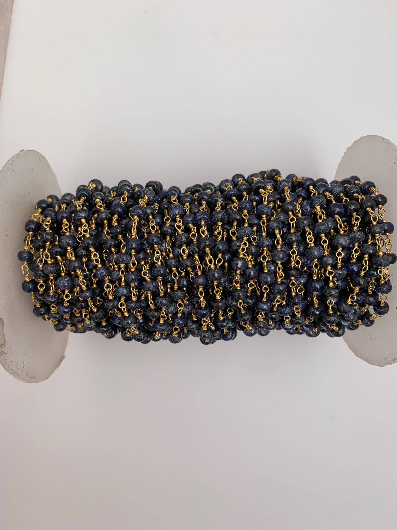 Purity Beads – wholesale Beaded/pearl necklace – Blue Sapphire Gold Plated Rosary Plain Beaded Chain, Natural Gemstone Size: 4mm, 1 Foot.1