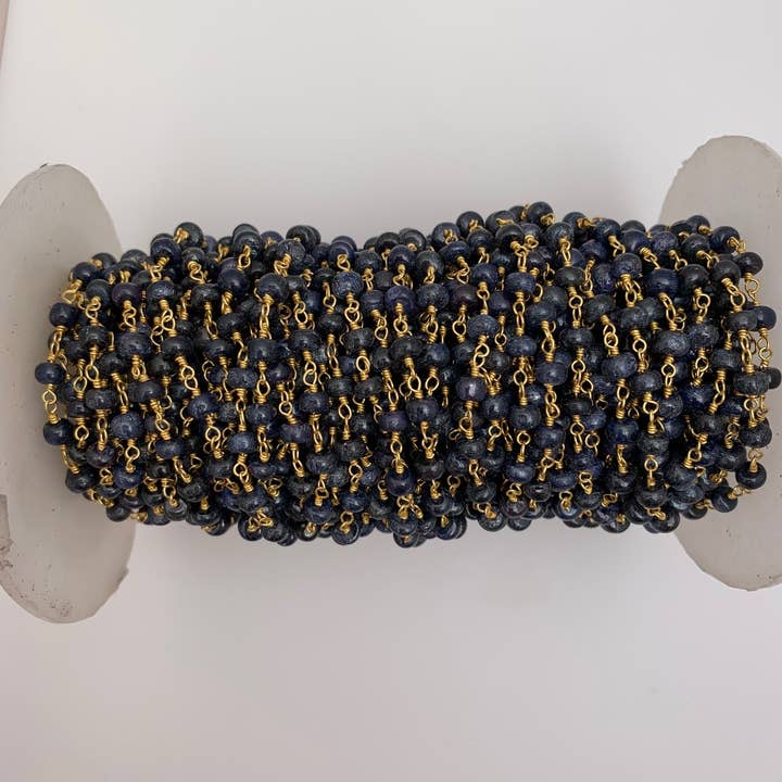 Purity Beads - Wholesale Beaded/Pearl Necklace - Blue Sapphire Gold Plated Rosary Plain Beaded Chain, Natural Gemstone Size: 4mm, 1 Foot.1