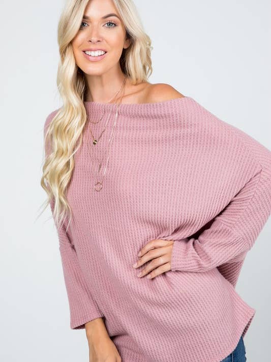 Brushed Waffle Sweater Off Shoulder Top for wholesale by Rose Mellow Fashion