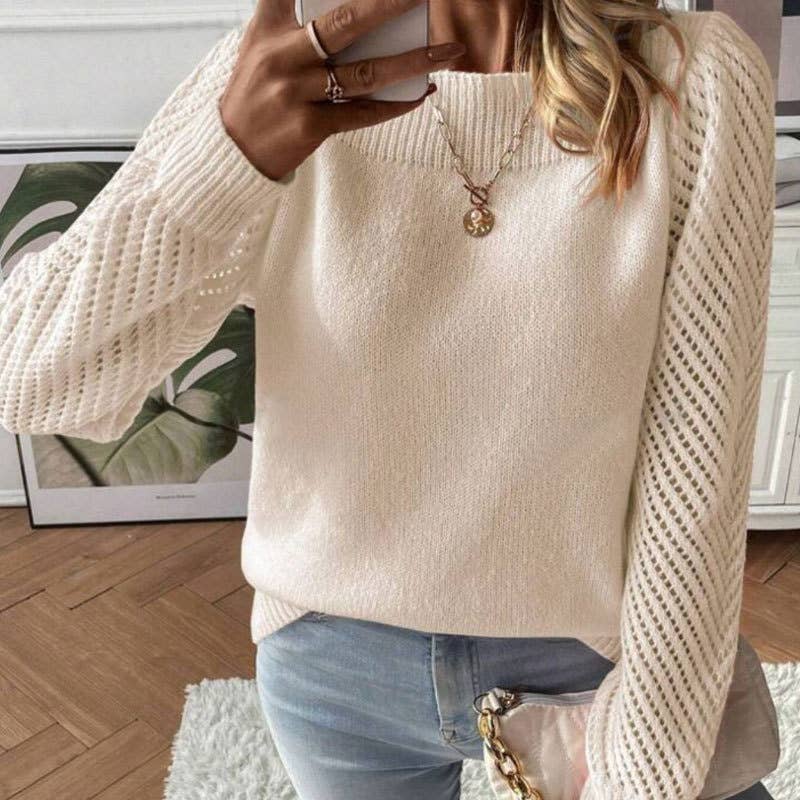 Beige plain open knit sleeve patchwork pullover jumper for wholesale on Faire4