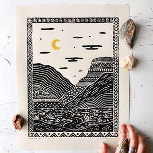 Linocut Print - Mountain & Moon - Large Framed Block Print Wall