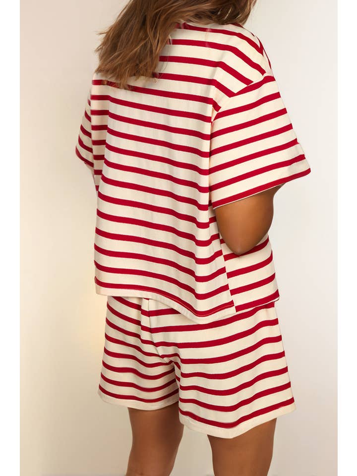 Red Stripe Lace-up Front Top and High Waist Shorts Set for wholesale on Faire