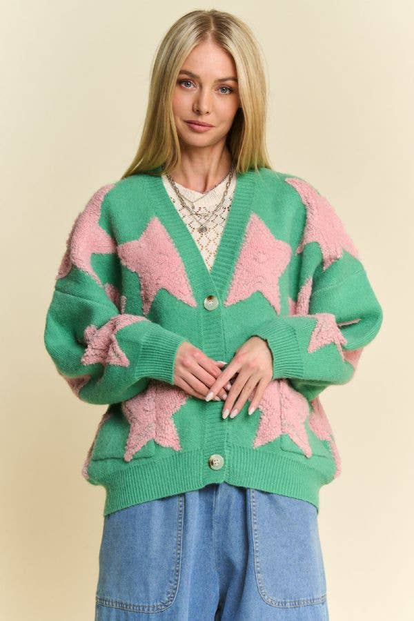 Davi & Dani - Wholesale Cardigan - Women's - FUZZY KNIT STAR LOOSE FIT BUTTON DOWN CARDIGAN3