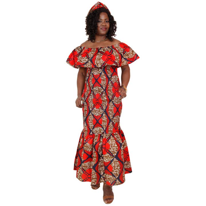 African Stars - Wholesale Dress - Women's - Women's Printed Smocking Off Shoulder Mermaid Dress - FI-P5007718