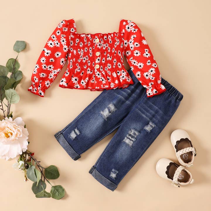 Baby Girl Floral Smocked Top & Cotton Ripped Jeans Set for wholesale by PatPat